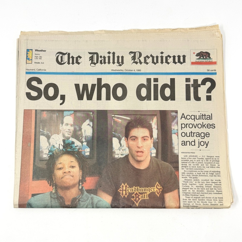1995 OJ Simpson Acquittal Newspaper Daily Review Hayward CA Oct 4 Not Guilty